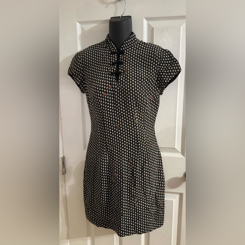 Nicole Miller New York Black and White Mini Dress 90s Martini Glass Olive Print